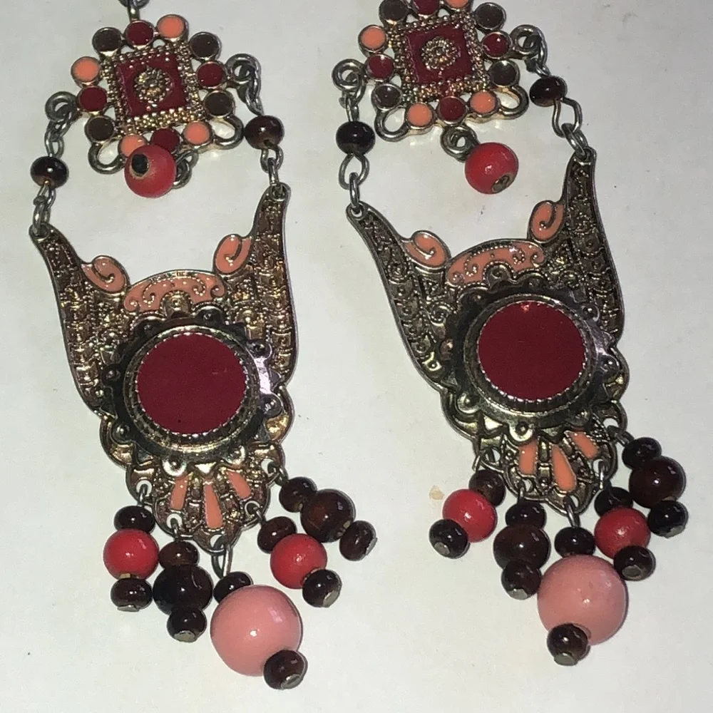 Elegant Red and Pink Beaded Boho Dangle Earrings
